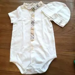 バーバリー ホワイトロンパース チェック襟 帽子付き 80cm