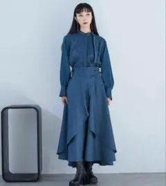 美品✨HARE セットアップ ジャガード ロングスカート ブラウス ブルー