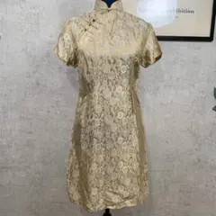 【美品】ミニワンピース チャイナドレス 光沢 M相当 ベージュ 花柄