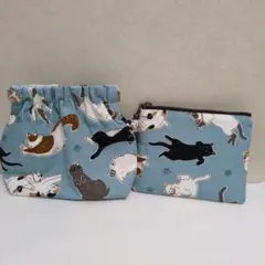 ハンドメイド　バネ口ポーチ　ポーチセット　猫柄