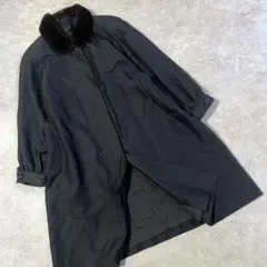 日本製 総柄 シルク100% ファー付き 2WAY ロングコート ブラック