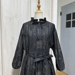 着物リメイク 大島紬からピンタックの襟ギャザーワンピース(L)