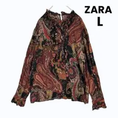 ZARA エスニック　総柄　レーヨン　フリルシャツ　ブラウス　L ペイズリーのサムネイル