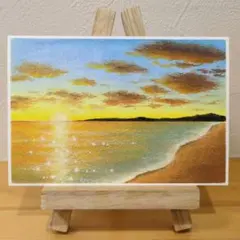 【原画：ハガキサイズ】　夕暮れの流れ星　オイルパステル画 原画：ハガキサイズ】 夕暮れの海辺に小さな月 オイルパステル画