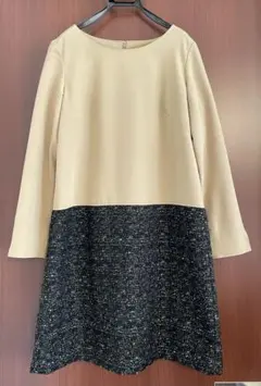 ベージュ・黒ツイードの切替サックワンピース Lサイズ