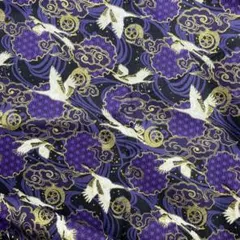 コットン　生地 ハギレ 布　和柄 鶴と雲　金糸プリント　シーチング　紫色