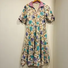 昭和レトロ 総柄 花柄ワンピース 襟付き Aライン フレア ヴィンテージ