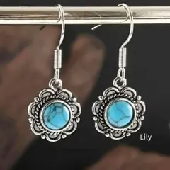 ✨ ターコイズ風 フラワー 花 ヴィンテージ ピアス 青 ボヘミアン 青