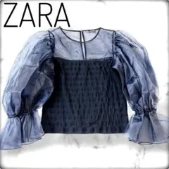 【美品】ZARA ザラ シフォン パフスリーブブラウス 黒 ブラック シアー