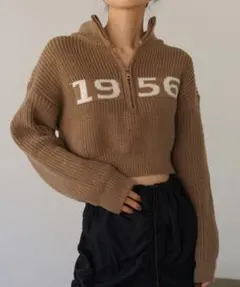 ハーフジップニットセーター ドロップショルダー ショート丈 クロップド丈 韓国