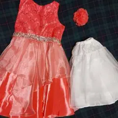 美品 キッズドレス パニエ 花飾り 結婚式 140cm オレンジ セット