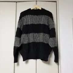 ボーダー柄 ケーブルニット セーター ブラック×グレー