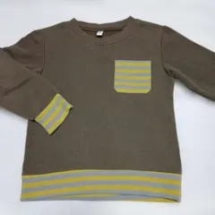 裏起毛　ブラウン　黄色とグレーのストライプ　トレーナー　胸ポケット　100cm