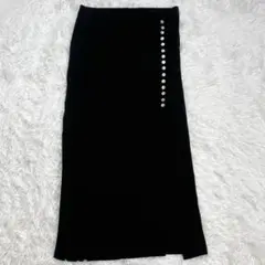 ZARA リブニット タイト スカート ロング L 貝ボタン 伸縮性あり 黒のサムネイル