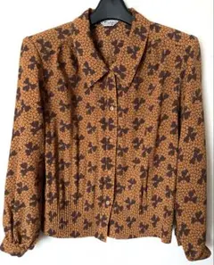 美品 Siderer 花柄 長袖 茶系 小花 古着 レトロ 裾ギャザー シニア