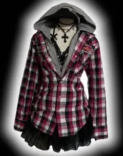 y2k00s当時物ダブルジップ平成ギャルお兄系重ね着風チェックフェアリーグランジ