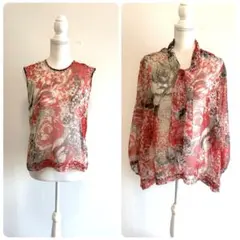 イザベルマラン シルク100% 花柄シアーブラウス ギャザー 鳥 花 36 