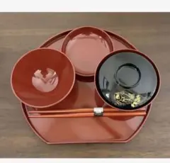 お食い初め用漆器セット　鯛の模様4点セット(赤いトレー無し)