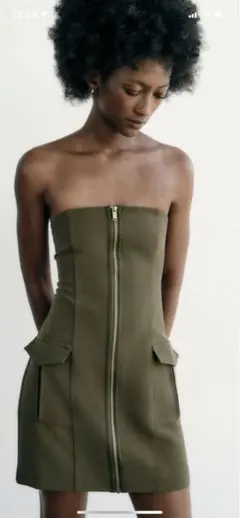 新品　ZARA ストラップレスワンピース　カーキ　ミニワンピース