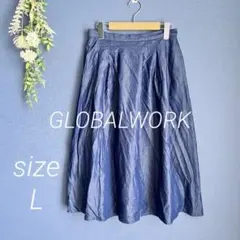 GLOBALWORK【L】ミモレ丈フレアスカート ゴムウエスト　デニム　ブルー