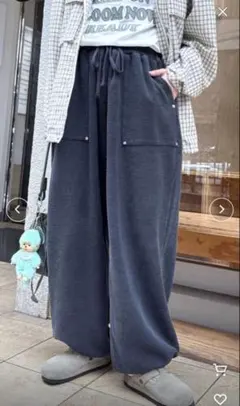 【UNISEX】　ピグメント加工ワッフルイージーパンツ　ネイビーM