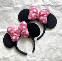 ディズニー　ピンク　リボン　水玉　カチューシャ　ミニー　セット　スパンコール