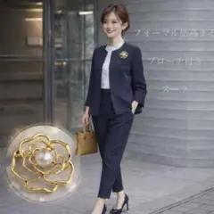 ブローチ付き 卒業式 入学式 上品　フォーマル　パンツスーツ ネイビー M
