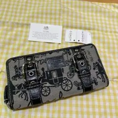 COACH 長財布 馬車プリント ブラック/グレー