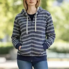 訳あり ユニクロ UNIQLO パーカー L ネイビー×白 ストライプ フード