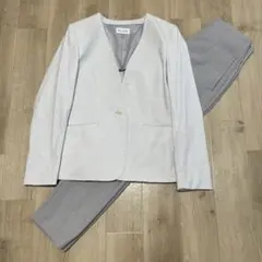 PLST リネン混 ノーカラージャケット パンツスーツ セット 洗える