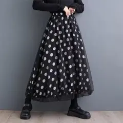 ドット 水玉 フレアスカート チュール ロングスカート 韓国 モノクロ モード系