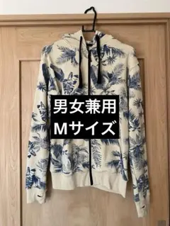 element リーフ柄 長袖パーカー M メンズ 白×ネイビー 男女兼用