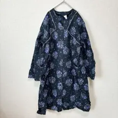 フランス製 花柄 ワンピース ブラック パープル 長袖 レディース レトロ