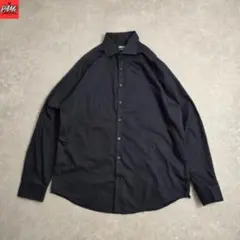 1518KENNETH COLEシャドーストライプ長袖シャツ黒スリムL〜ＸＬ古着