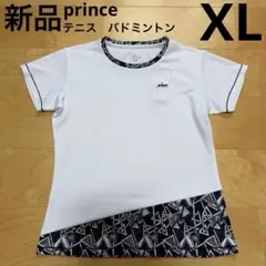 プリンス　テニス　バドミントン　半袖Tシャツ　裾切り替え　白　黒　XL 新品