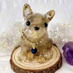 切株付オルゴナイト くりくりおめ目のフレンチブルドッグ ゴールドルチルクォーツ