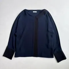 美品 ラウンジドレス ジョーゼット配色ブラウス バイカラー ネイビー Fのサムネイル