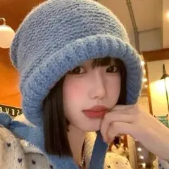 青色ニット帽 フリーサイズ ロールアップデザイン リボン 防寒 韓国 小顔効果