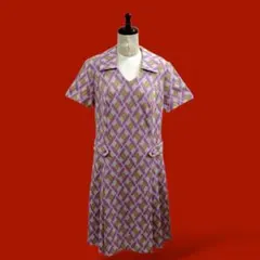 ◎ユーロ古着 レトロポップワンピース 半袖 ピンク 総柄 70svintage