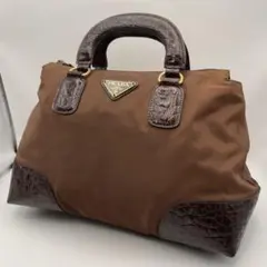 PRADA プラダ ハンドバッグ ナイロン クロコ型押し ブラウン 三角ロゴ