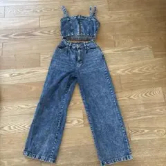 デニム クロップトップ ワイドパンツ セットアップ