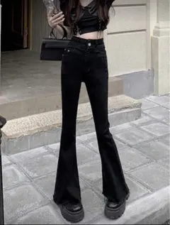 ブラックフレアデニムパンツ ハイウエスト SHEIN