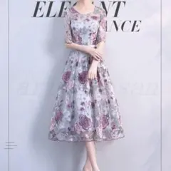 花柄刺繍 グレー Aラインドレス パーティードレス