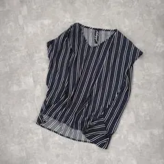 ロペピクニックストライプブラウスM38ネイビー系フレンチスリーブきれいめ通勤上品