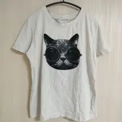 半袖Tシャツ クルーネック 半袖 猫柄 猫 黒猫 フリーサイズ 白 サングラス