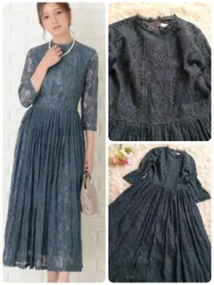 【美品】レースレディース　五分袖　総レースワンピース　オケージョンドレス　М