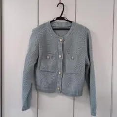 水色 ボタン付き 長袖ニットカーディガン Fサイズ