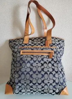 COACH シグネチャートート ネイビー x レザー ショルダーバッグ A4対応