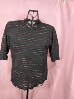 透かし編み五分袖カットソー 黒