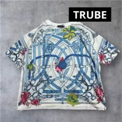 【TRUBE】スカーフ柄両面プリント半袖サマーニット　透かし加工　ブルー系のサムネイル